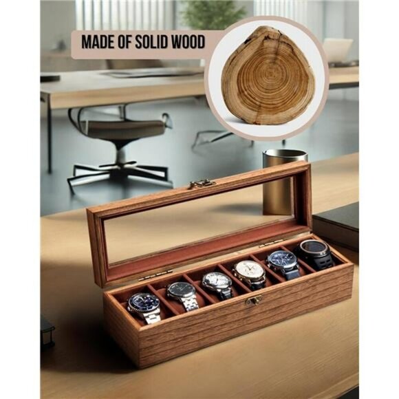 Wood Watch Box Display Case 6 Slot Glass Lid Storage Organizer for Men Women - Picture 6 of 7